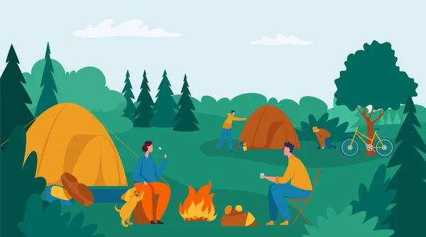 Personnes camping, groupe de touristes avec tente et feu de joie — Image vectorielle