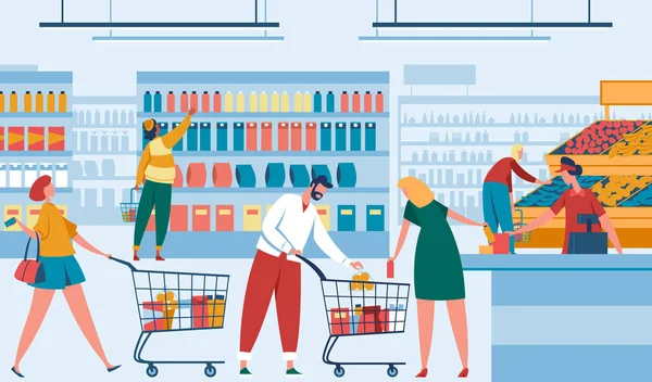 Famille faire du shopping dans un supermarché, magasin de produits alimentaires — Image vectorielle