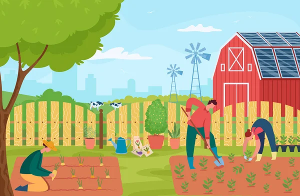 Lidé pracující na zahradě, zahradničení a pěstování — Stockový vektor