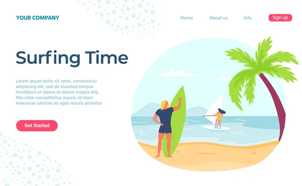 Summer surfing time, beach holiday landing page — стоковый вектор