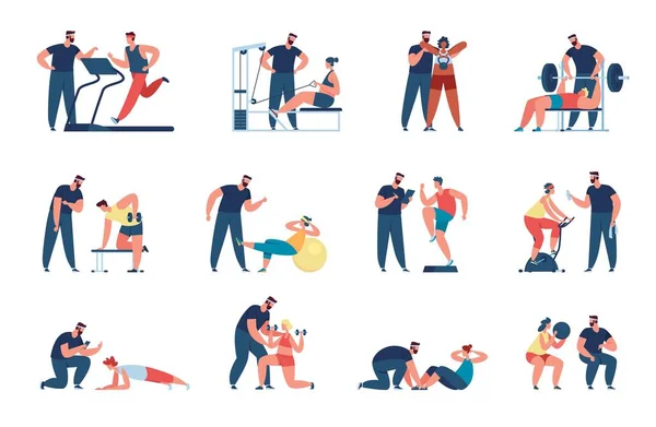 Characters training with personal trainer, athlete with coach. Athletic men and women doing workout with gym fitness instructor vector set — 图库矢量图片