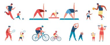 Family sport activity, parents with children exercise together. Father and son playing football, riding bikes, active families vector set