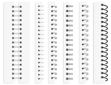 Realistic notebook spirals, calendar metal spiral binders. Binding coils for paper sheets, steel binder rings, wire bindings vector set