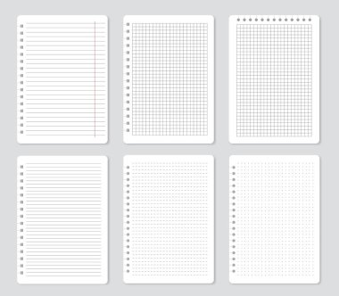Squared notebook pages, lined paper sheets, notepaper. School notepad with lines or dots, blank memo papers, notebooks sheet vector set