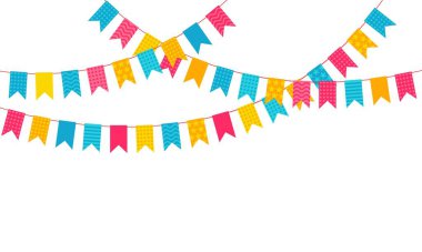 Colorful bunting flags or festive garlands for birthday party celebration. Hanging buntings and garland, carnival decoration vector background