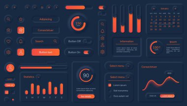Dark neumorphic user interface elements with neon buttons and bars. Black neumorphism style dashboard design, mobile app ui kit vector set clipart