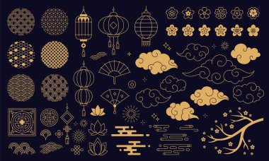 Chinese new year decoration elements, clouds and festive lanterns. Traditional asian patterns and ornaments, sakura flowers vector set