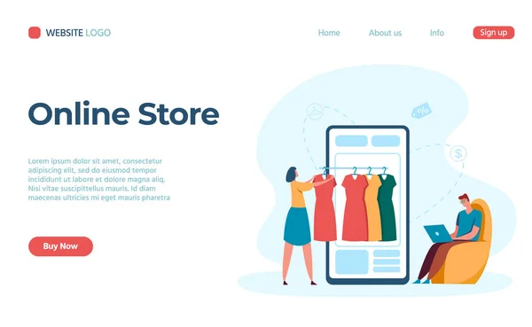 Mobile online store, choose clothing on smartphone —  Vetores de Stock