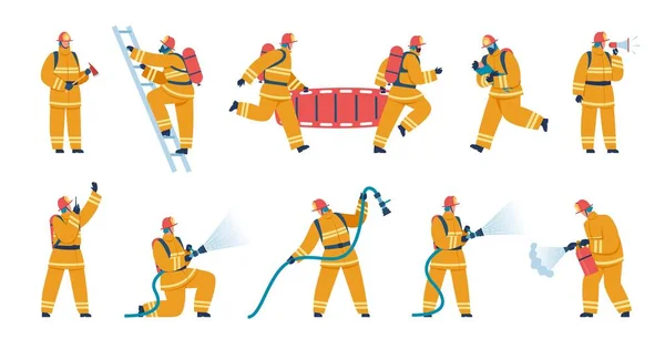 Personajes de bombero en uniforme, bomberos con equipo de extinción de incendios. Bomberos salvando a un niño, apagando el fuego usando el conjunto de vectores de manguera — Archivo Imágenes Vectoriales