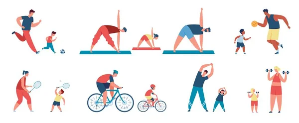 Family sport activity, parents with children exercise together. Father and son playing football, riding bikes, active families vector set — Vetor de Stock
