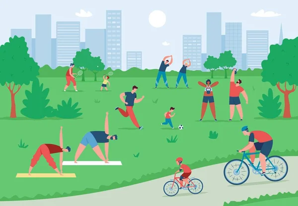 People exercising and doing sports outdoor in summer city park. Active characters riding bikes, doing yoga, playing football vector illustration — Vettoriale Stock