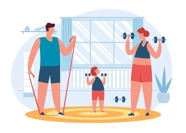 Active healthy family, parents and child exercising at home together. Parent with kid doing sports activity, morning workout vector illustration —  Vetores de Stock