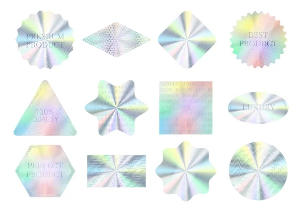 Holographic quality stickers, hologram seal labels, guarantee badges. Silver certificate seals in different shapes, quality sticker vector set — Vetor de Stock