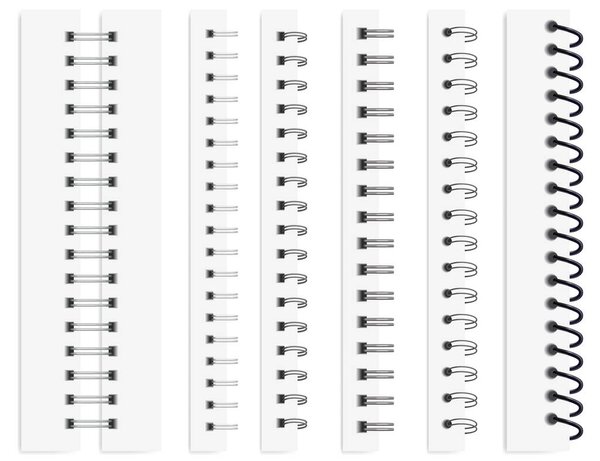 Realistic notebook spirals, calendar metal spiral binders. Binding coils for paper sheets, steel binder rings, wire bindings vector set