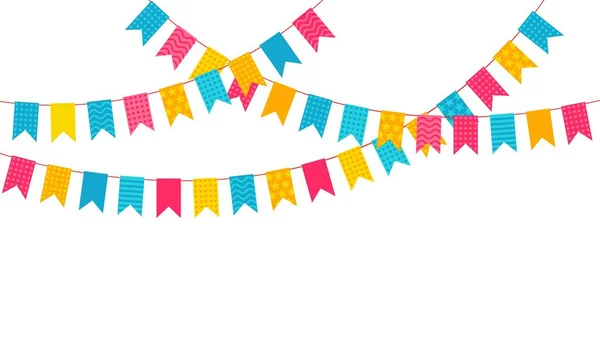 Πολύχρωμες σημαίες bunting ή εορταστικές γιρλάντες για τον εορτασμό πάρτι γενεθλίων. Κρεμαστά buntings και γιρλάντα, καρναβάλι διακόσμηση διάνυσμα φόντο — Διανυσματικό Αρχείο