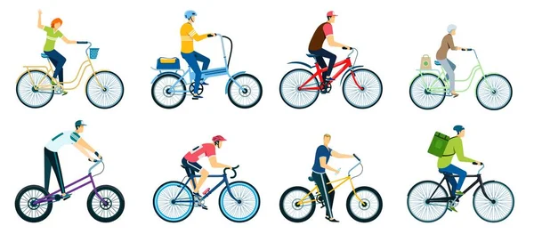 People cycling, characters riding bicycles, cyclists on bikes. Men and women biking in park, bicycle riders, delivery man on bike vector set — Stock Vector