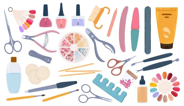 Manicure and pedicure tools or accessories, nail salon supplies. Hand cream, polish samples, files, scissors, nails care elements vector set — стоковый вектор
