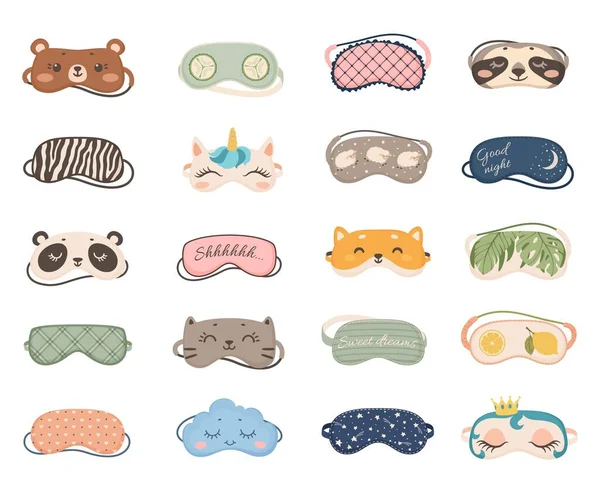 Cute sleeping masks with animals and patterns, night eye mask. Cartoon sleep accessories for dreaming, nightwear pajama elements vector set — Stock vektor