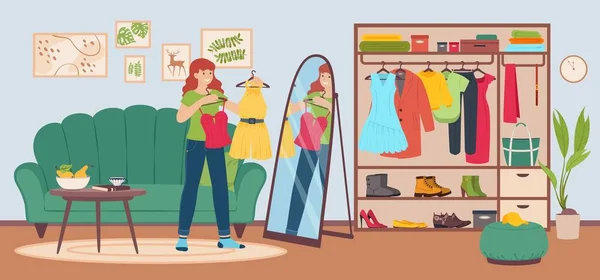 Mujer joven que elige el traje para usar en el armario del hogar. Chica sosteniendo la ropa, probando ropa diferente y mirando en la ilustración del vector espejo — Vector de stock