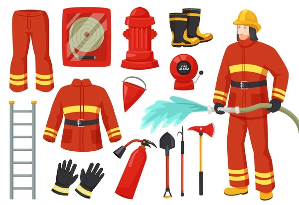 Personaje bombero de dibujos animados con equipo de extinción de incendios y herramientas. uniforme de bombero, hidrante, alarma de incendios, extintor, conjunto de vectores de manguera de fuego — Archivo Imágenes Vectoriales