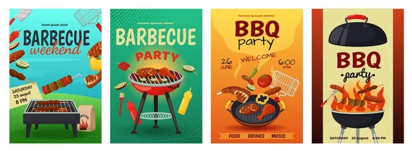 Barbecue posters, bbq grill party flyer template. Outdoor picnic invite, summer cookout event invitation with food on grills vector set — стоковый вектор