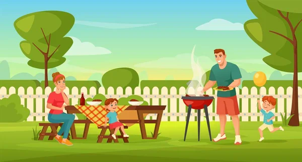 Family with kids having outdoor barbecue party in backyard. Man grilling meat, parent and children doing summer bbq picnic vector illustration —  Vetores de Stock