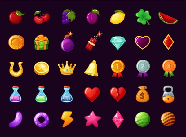 Cartoon gui game icon, mobile gaming app interface elements. Magic potions, heart, money bag, fruits, casino slot machine app icon vector set — Stockvector