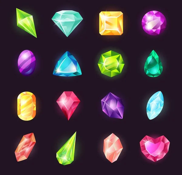 Cartoon gemstones, magic crystals, jewel stone, precious gems. Shiny magical stones for game design, diamond gem, jewelry crystal vector set — Stock vektor