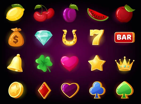 Cartoon slot game icon, casino gaming symbols. Cherry, diamond, crown spinning machine slots, online gambling, mobile games icons vector set — Wektor stockowy