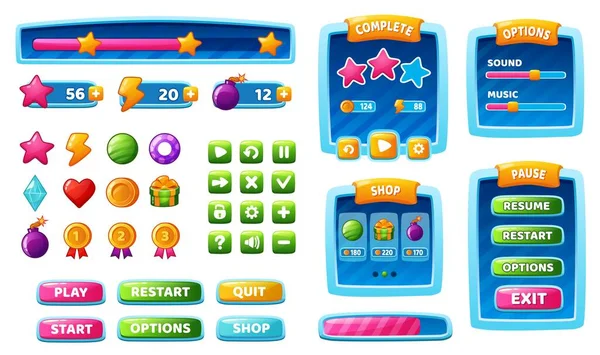 Game ui elements, mobile app interface buttons, icons and panels. Cartoon gui assets, games menu design interface elements vector set — Archivo Imágenes Vectoriales