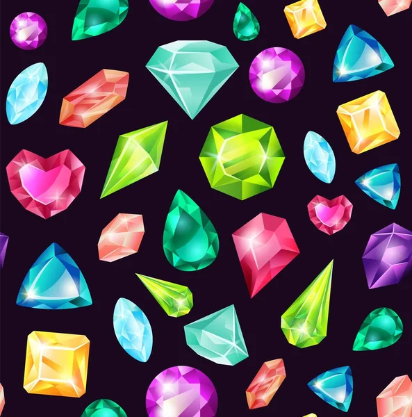 Cartoon magic crystals and precious gemstones seamless pattern. Colorful jewelry crystal, diamond gems, shiny jewel stones vector background —  Vetores de Stock