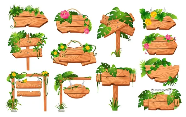 Cartoon jungle wood boards with tropical leaves, flowers and lianas. Hanging wooden board, empty signpost, overgrown signs vector set — Stockvektor