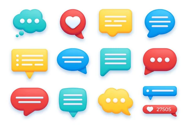 3d speech bubbles, thinking text bubble, chat and like icon. Social media communication, realistic texts message dialogue balloon vector set — Wektor stockowy