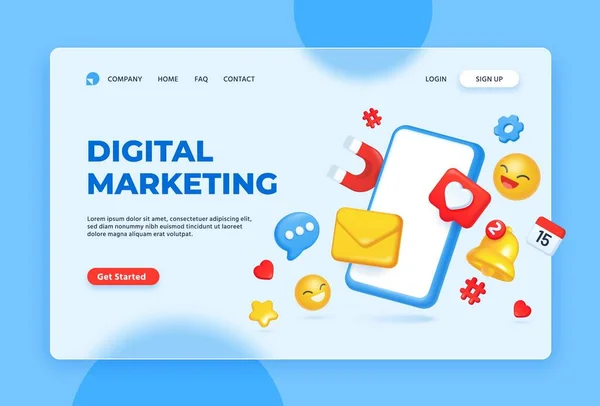 Digital marketing, online communication concept with 3d social media icons. Internet advertising strategies and targeting vector landing page — Archivo Imágenes Vectoriales