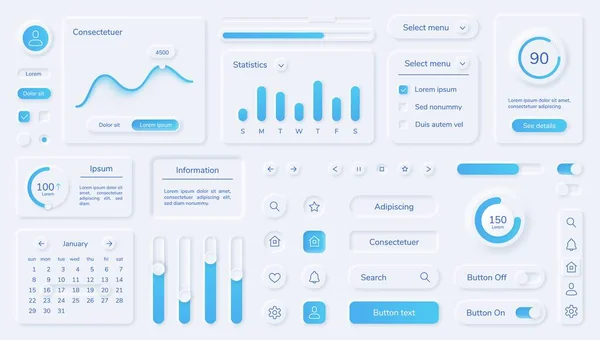 Neumorphic user interface elements, mobile app ui design kit. Buttons, bars, sliders in neumorphism style for website or dashboard vector set — Archivo Imágenes Vectoriales