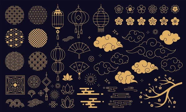 Año nuevo chino elementos de decoración, nubes y linternas festivas. Tradicional asiático patrones y ornamentos, flores sakura vector conjunto — Archivo Imágenes Vectoriales