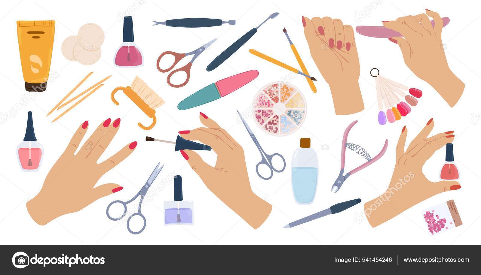 Set of manicure tools and accessories for hardware manicure, nail polish  and design on a pink background. Flat lay, top view with Copy space Stock  Photo - Alamy