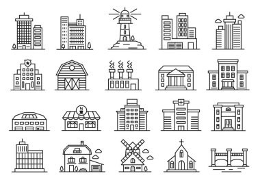 Building line icons, government house, factory, city office buildings. Residential and industrial architecture, urban buildings vector set