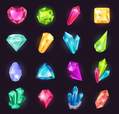 Cartoon magic crystals and precious gems, raw material gemstones. Glowing crystal, shiny jewel stone, fantasy gemstone for game vector set