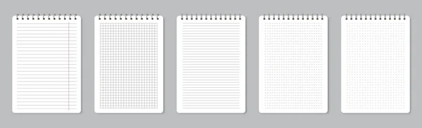 Notebook pages with wire binding, realistic lined paper sheets. Empty school notepad page, memo note sheets with spiral binders vector set — Vetor de Stock