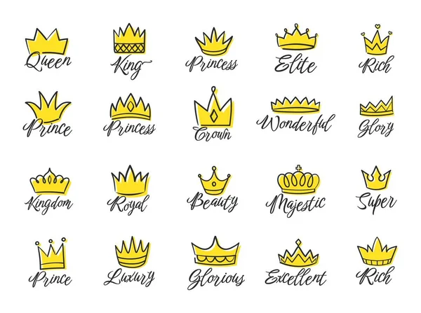 Doodle royal crown logos, hand drawn king and queen crowns. Sketch prince and princess tiara with gems, luxury diadem doodles vector set — Stock vektor