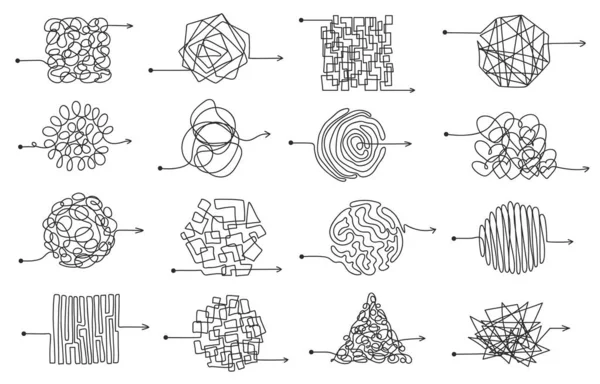 Messy scribble arrow lines, chaotic tangled doodles. Hand drawn squiggles, chaos scrawls, sketch knot arrows confusion concept vector set —  Vetores de Stock