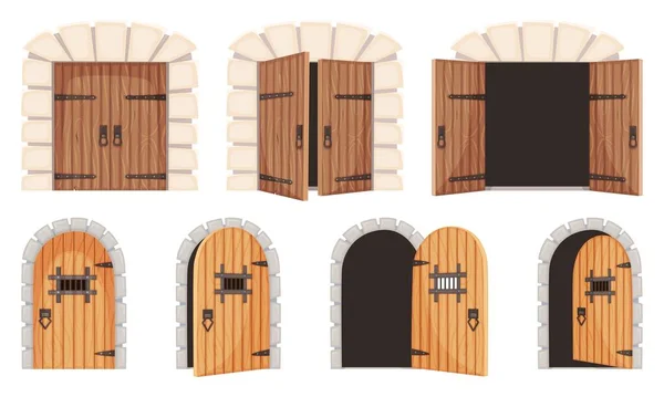 Opened and closed medieval doors, old castle gate, dungeon door. Cartoon wooden prison doorway, ancient city entrance gates vector set —  Vetores de Stock