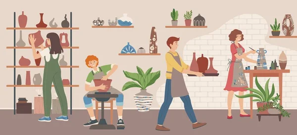 Pottery workshop, character making clay pot on wheel. Potter painting on vase, handcrafted ceramics, creative pottery hobby vector illustration — 스톡 벡터