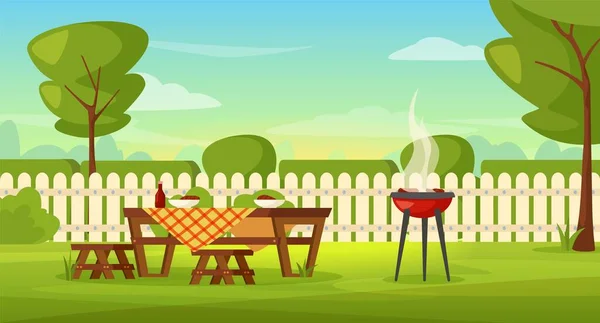 Family barbeque in house backyard with grill and picnic table. Outdoor bbq summer party in garden patio cartoon vector illustration — Image vectorielle