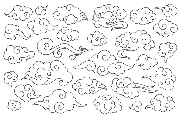 Traditional chinese clouds, asian oriental style cloud. Japanese sky doodle elements, china festive decorative ornaments vector set — стоковий вектор