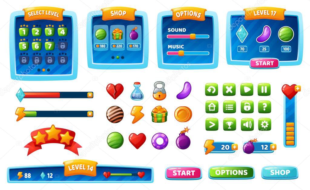 Game ui kit, cartoon gaming interface buttons, icons, menu. Mobile app gui assets, panel, progress bar, button, games design elements vector set