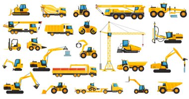 İnşaat makineleri, vinç, buldozer ve kazıcı.