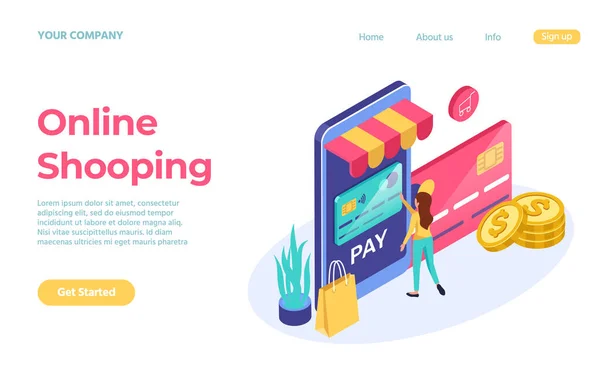 Landing page compras on-line estilo 3D isométrico —  Vetores de Stock