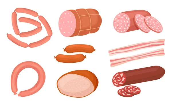 Tecknad kött produkter insamling korv och frankfurter — Stock vektor